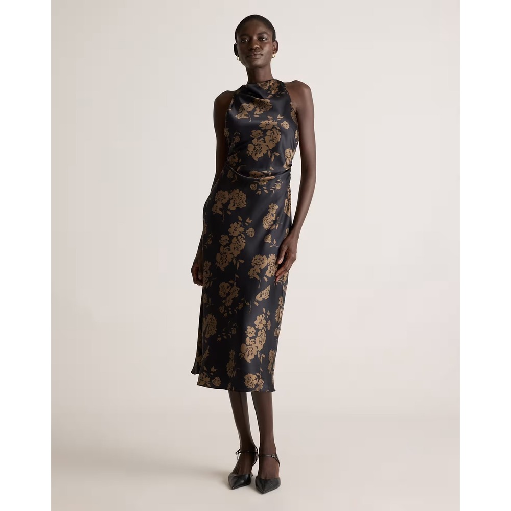 Quince Washable Stretch Silk High Neck Midi Dress XL Floral Open Back Witchy